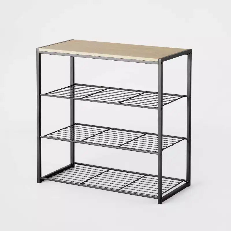 4 Tier Shoe Rack Black Metal with Natural Wood - Brightroom™