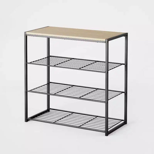 4 Tier Shoe Rack Black Metal with Natural Wood - Brightroom™