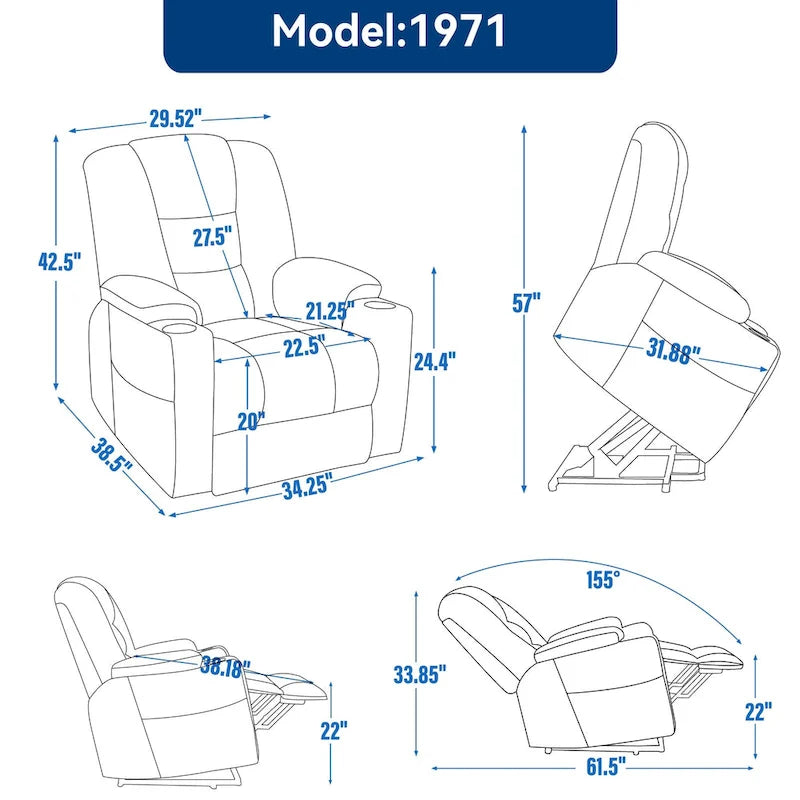 Fauteuil inclinable Power Lift avec massage et chaleur, fauteuils inclinables larges et rembourrés Lazy Boy avec ports USB, Type C et 2 porte-gobelets en acier