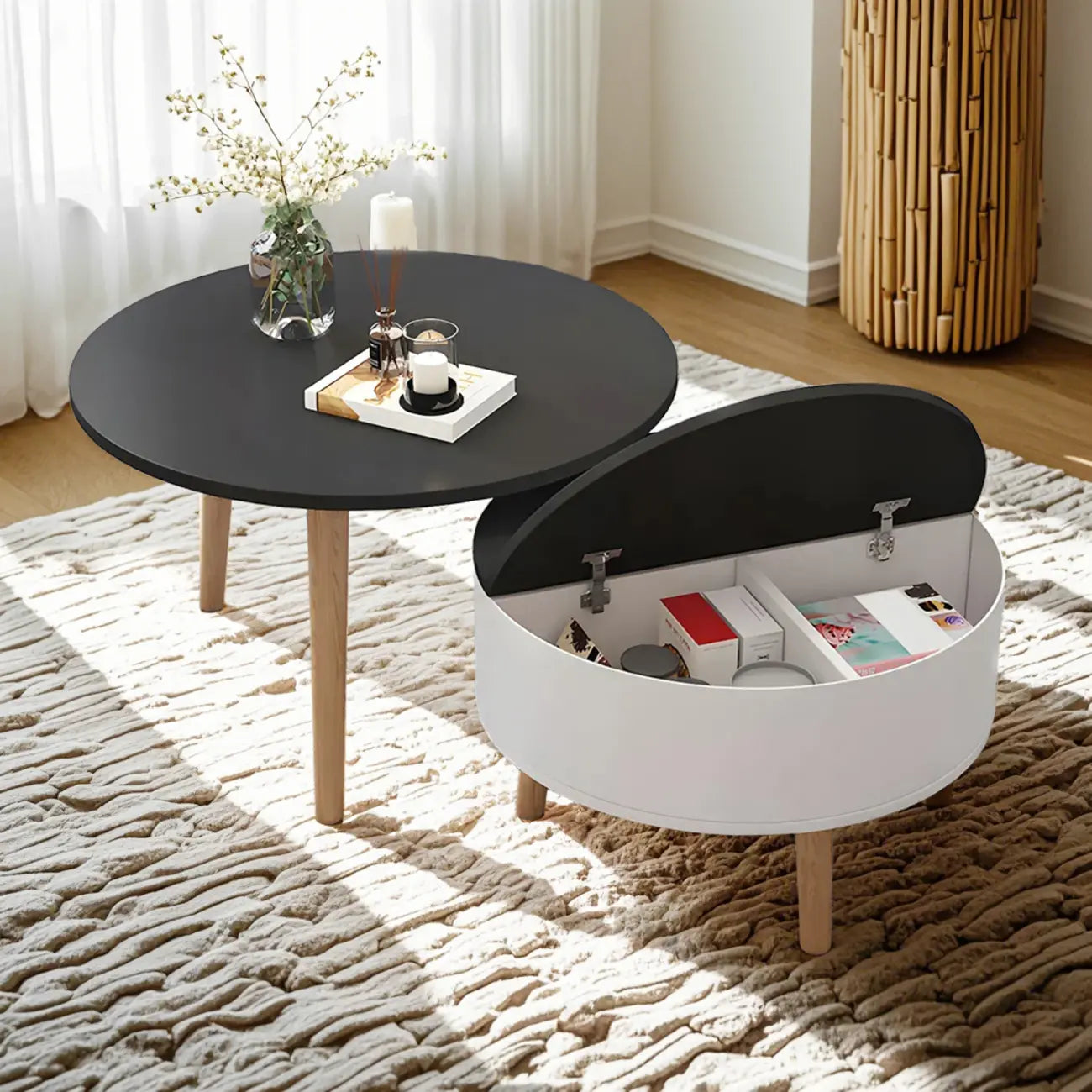 Table basse ronde moderne en bois noir et blanc avec rangement