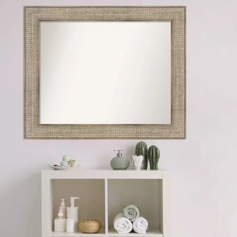 Amanti Art 34"x28" Non-Beveled Trellis Silver Wood Bathroom Wall Mirror : Modern Rectangular Design, Includes Mounting Hardware