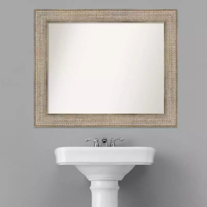 Amanti Art 34"x28" Non-Beveled Trellis Silver Wood Bathroom Wall Mirror : Modern Rectangular Design, Includes Mounting Hardware