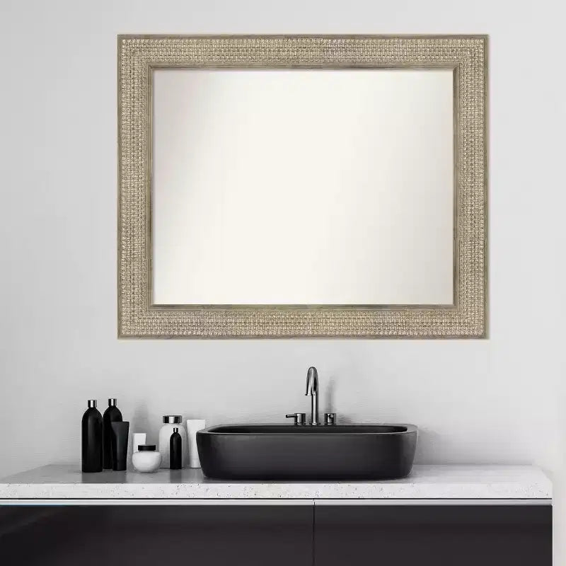Amanti Art 34"x28" Non-Beveled Trellis Silver Wood Bathroom Wall Mirror : Modern Rectangular Design, Includes Mounting Hardware