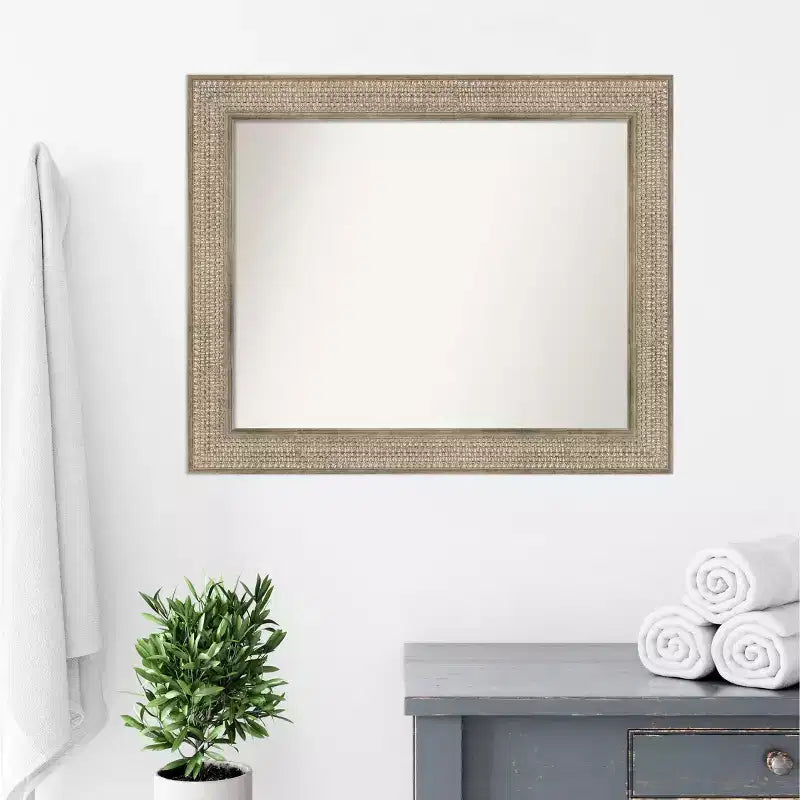Amanti Art 34"x28" Non-Beveled Trellis Silver Wood Bathroom Wall Mirror : Modern Rectangular Design, Includes Mounting Hardware