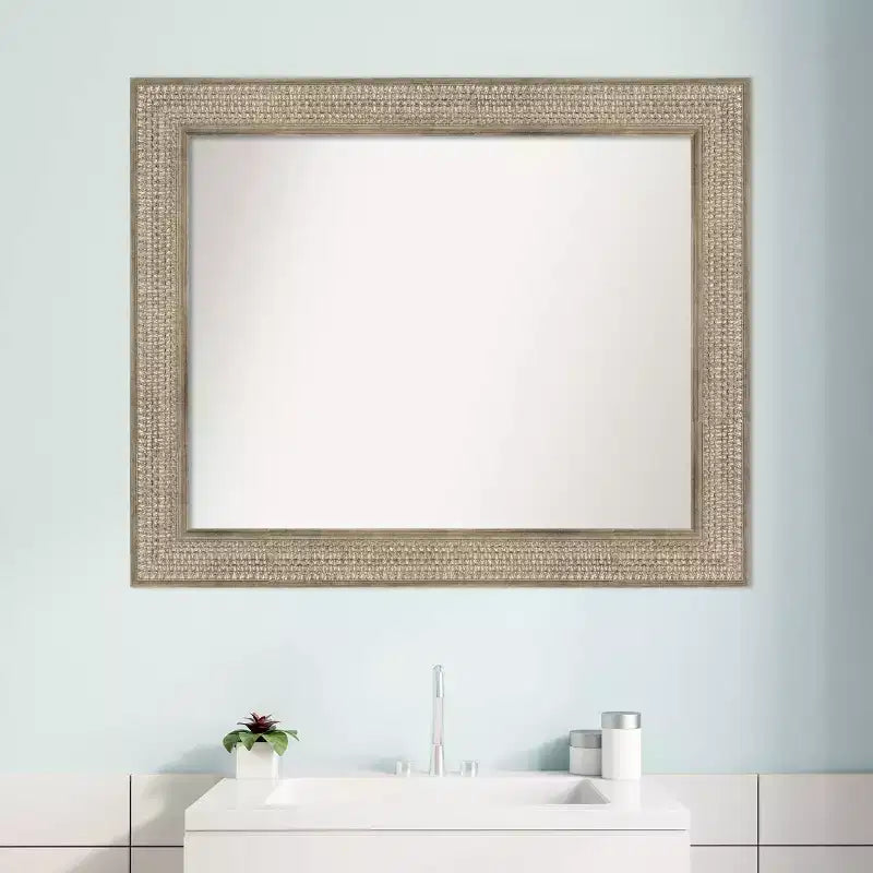 Amanti Art 34"x28" Non-Beveled Trellis Silver Wood Bathroom Wall Mirror : Modern Rectangular Design, Includes Mounting Hardware