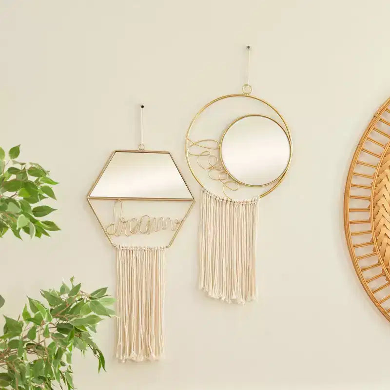 Olivia & May Metal Handmade Dream Love Room Wall Mirror with Fringe Tassels Set of 2 Gold