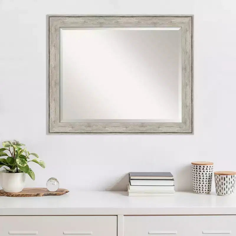 33"x27" Crackled Metallic Framed Wall Mirror Silver - Amanti Art: Modern Beveled, No Assembly Required