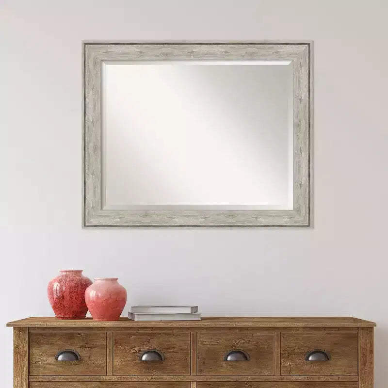 33"x27" Crackled Metallic Framed Wall Mirror Silver - Amanti Art: Modern Beveled, No Assembly Required