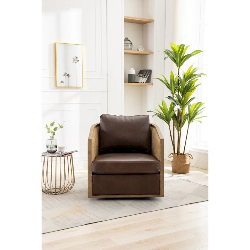 Fauteuil pivotant, fauteuil d'appoint rond confortable, fauteuil club pivotant à 360 degrés, fauteuil de loisirs avec cadre en rotin tressé