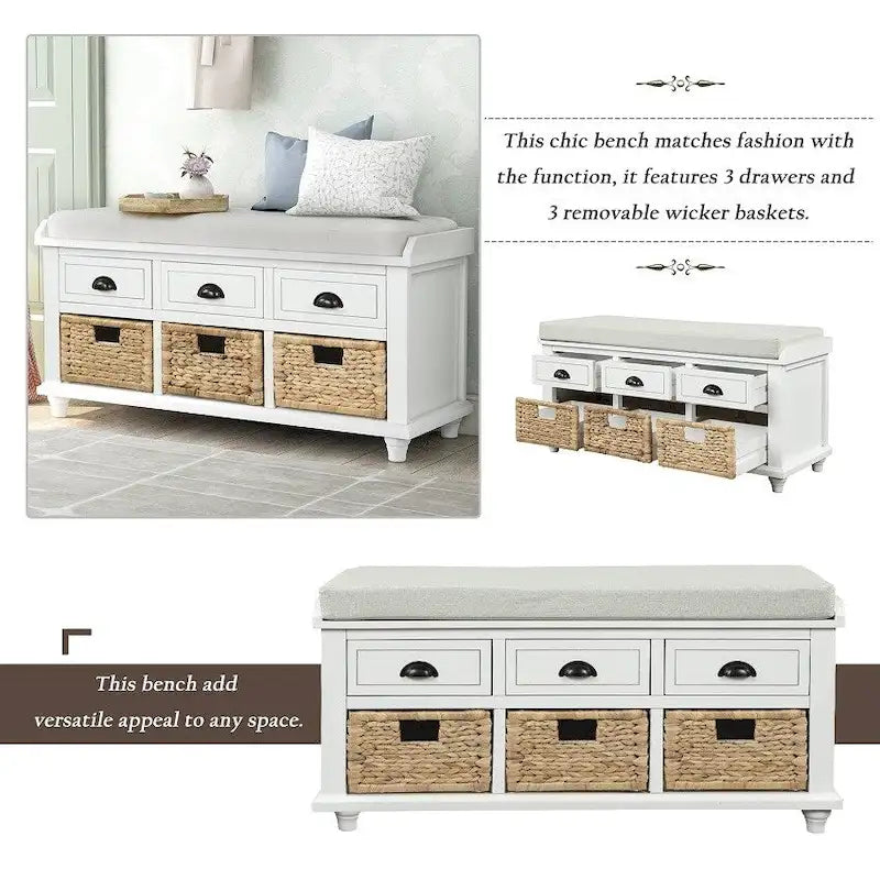 Banc de rangement rustique avec 3 tiroirs et 3 paniers en rotin, banc à chaussures pour salon, entrée