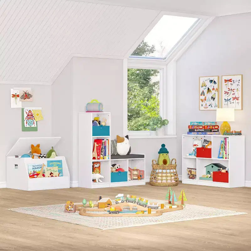 RiverRidge Kids' Bench with 5 Toy Cubby Storage Shelves and Cushioned Seat for Reading Nook and Playroom Storage Organization White