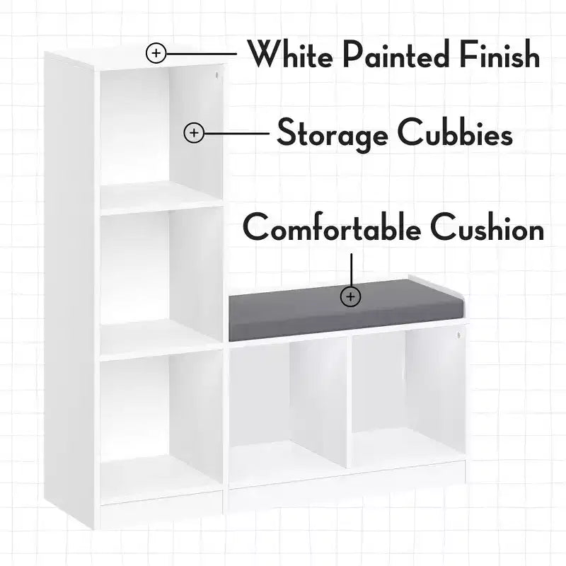 RiverRidge Kids' Bench with 5 Toy Cubby Storage Shelves and Cushioned Seat for Reading Nook and Playroom Storage Organization White
