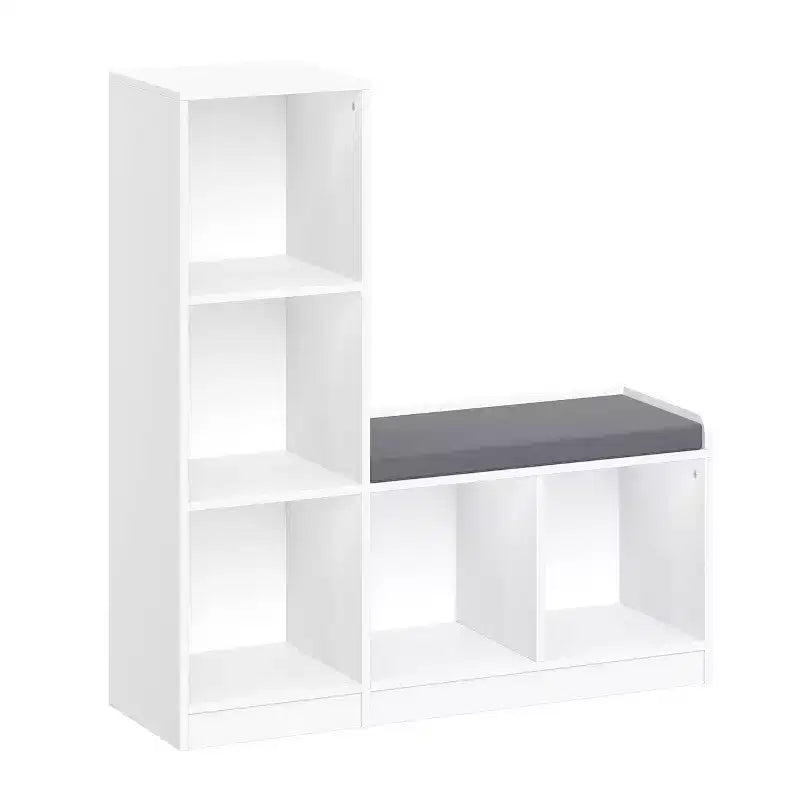 RiverRidge Kids' Bench with 5 Toy Cubby Storage Shelves and Cushioned Seat for Reading Nook and Playroom Storage Organization White