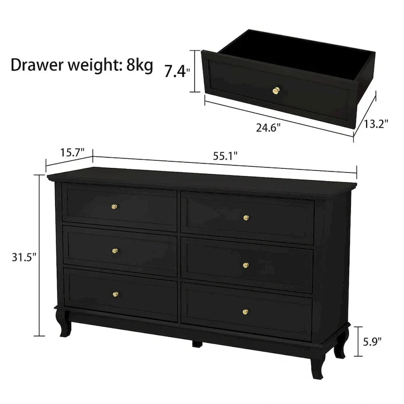Commode de chambre à coucher en bois à 6 tiroirs profonds