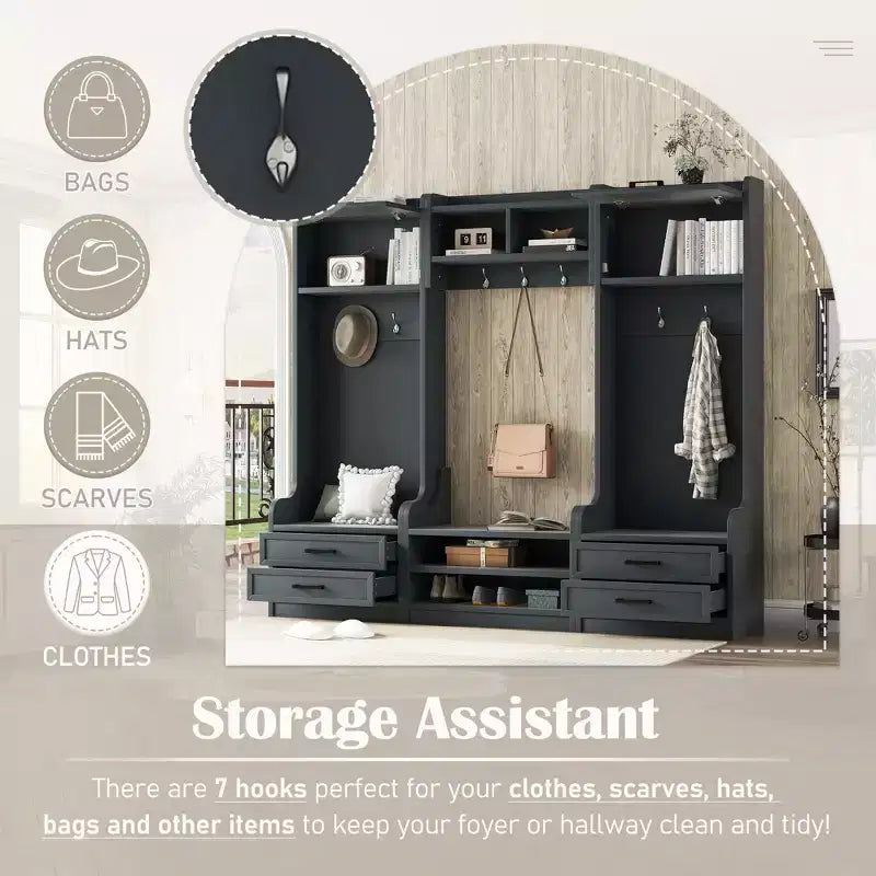 Entryway Hall Tree with Bench and Shoe Storage, 7 Hooks Coat Rack, Drawers, Cabinet, Detachable Multiple Functions Halltree