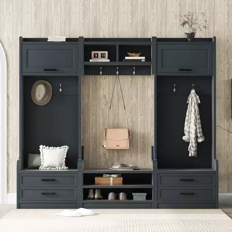 Entryway Hall Tree with Bench and Shoe Storage, 7 Hooks Coat Rack, Drawers, Cabinet, Detachable Multiple Functions Halltree