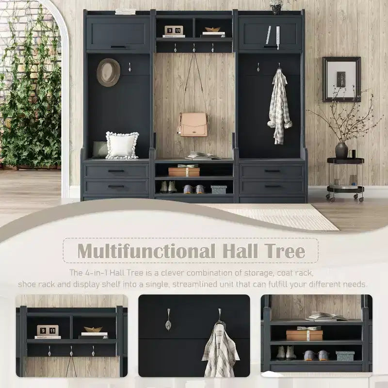 Entryway Hall Tree with Bench and Shoe Storage, 7 Hooks Coat Rack, Drawers, Cabinet, Detachable Multiple Functions Halltree