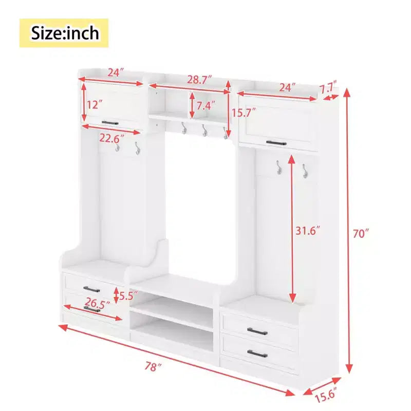 Entryway Hall Tree with Bench and Shoe Storage, 7 Hooks Coat Rack, Drawers, Cabinet, Detachable Multiple Functions Halltree