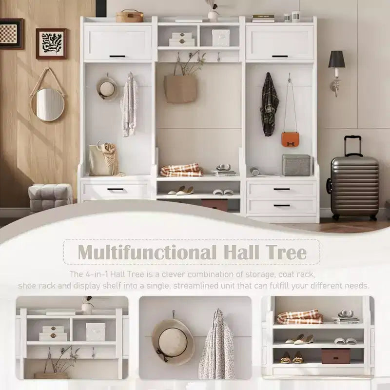 Entryway Hall Tree with Bench and Shoe Storage, 7 Hooks Coat Rack, Drawers, Cabinet, Detachable Multiple Functions Halltree