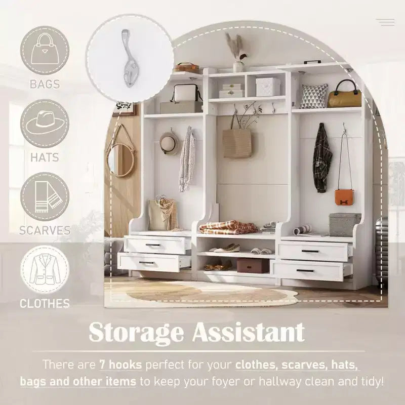 Entryway Hall Tree with Bench and Shoe Storage, 7 Hooks Coat Rack, Drawers, Cabinet, Detachable Multiple Functions Halltree