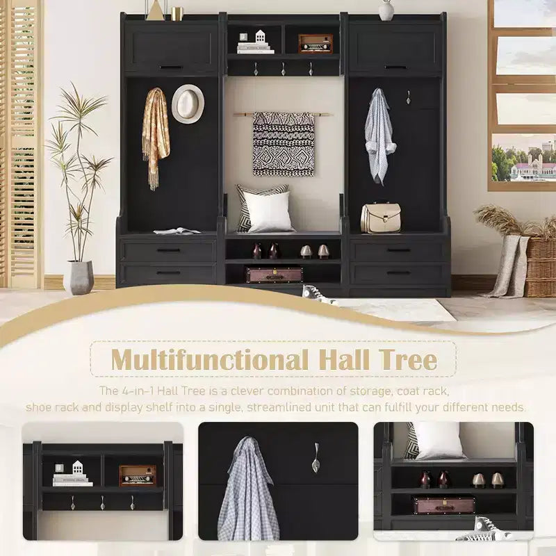 Entryway Hall Tree with Bench and Shoe Storage, 7 Hooks Coat Rack, Drawers, Cabinet, Detachable Multiple Functions Halltree