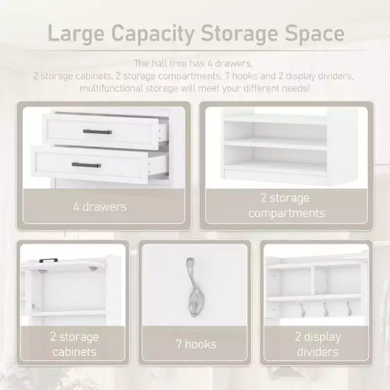 Entryway Hall Tree with Bench and Shoe Storage, 7 Hooks Coat Rack, Drawers, Cabinet, Detachable Multiple Functions Halltree