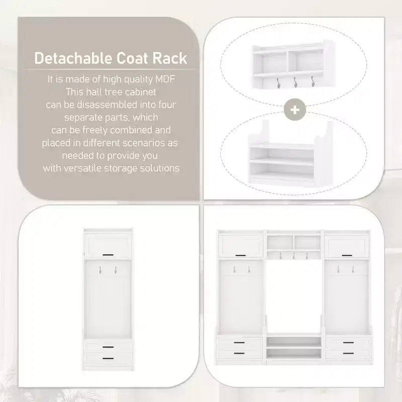 Entryway Hall Tree with Bench and Shoe Storage, 7 Hooks Coat Rack, Drawers, Cabinet, Detachable Multiple Functions Halltree