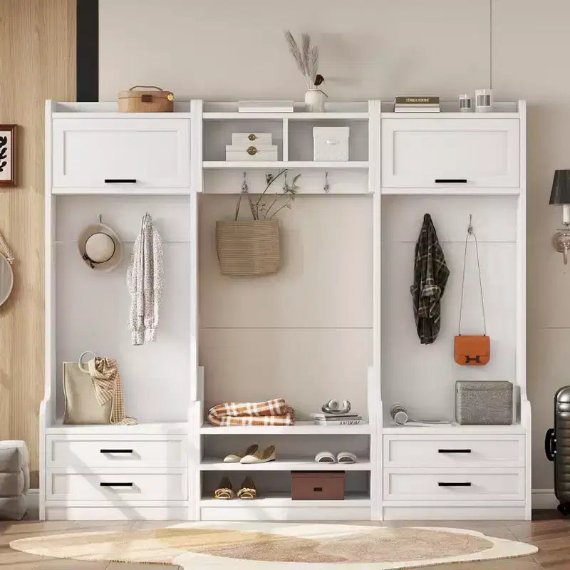 Entryway Hall Tree with Bench and Shoe Storage, 7 Hooks Coat Rack, Drawers, Cabinet, Detachable Multiple Functions Halltree