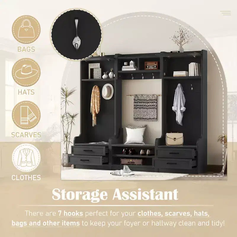 Entryway Hall Tree with Bench and Shoe Storage, 7 Hooks Coat Rack, Drawers, Cabinet, Detachable Multiple Functions Halltree
