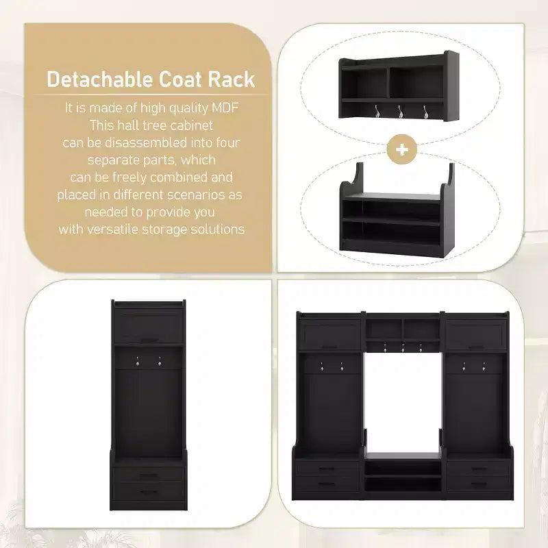 Entryway Hall Tree with Bench and Shoe Storage, 7 Hooks Coat Rack, Drawers, Cabinet, Detachable Multiple Functions Halltree