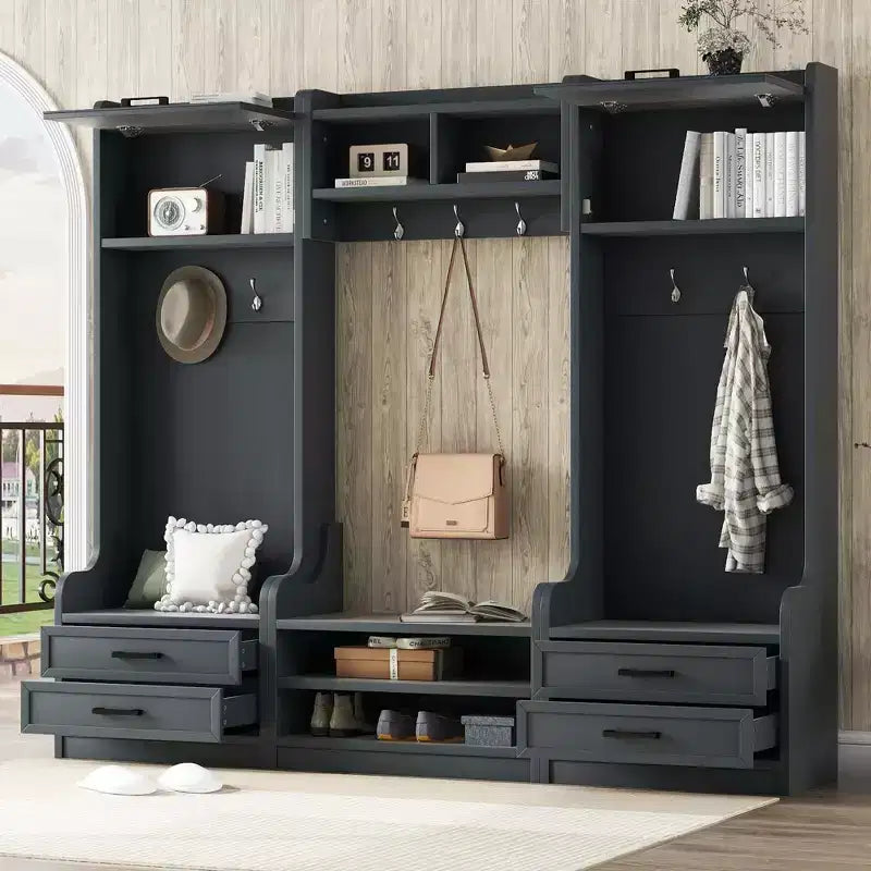 Entryway Hall Tree with Bench and Shoe Storage, 7 Hooks Coat Rack, Drawers, Cabinet, Detachable Multiple Functions Halltree