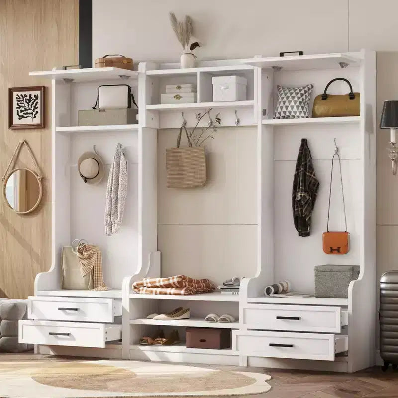 Entryway Hall Tree with Bench and Shoe Storage, 7 Hooks Coat Rack, Drawers, Cabinet, Detachable Multiple Functions Halltree
