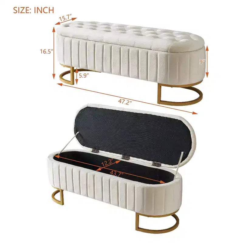 TUYOHW 47 Chic End of Bed Storage Ottoman Bench,Exquisite Velvet Bench with Gold Metal Legs,Accent Ottoman for Living Room,400lbs Capacity
