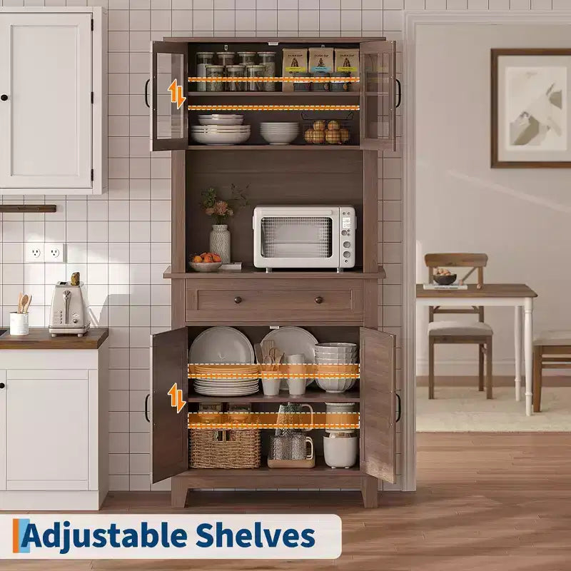 COZONY 72 Tall Kitchen Pantry Cabinet with Glass Doors & Drawer, Adjustable Shelves, Modern Bar & Storage Cabinet for Dining & Living Room