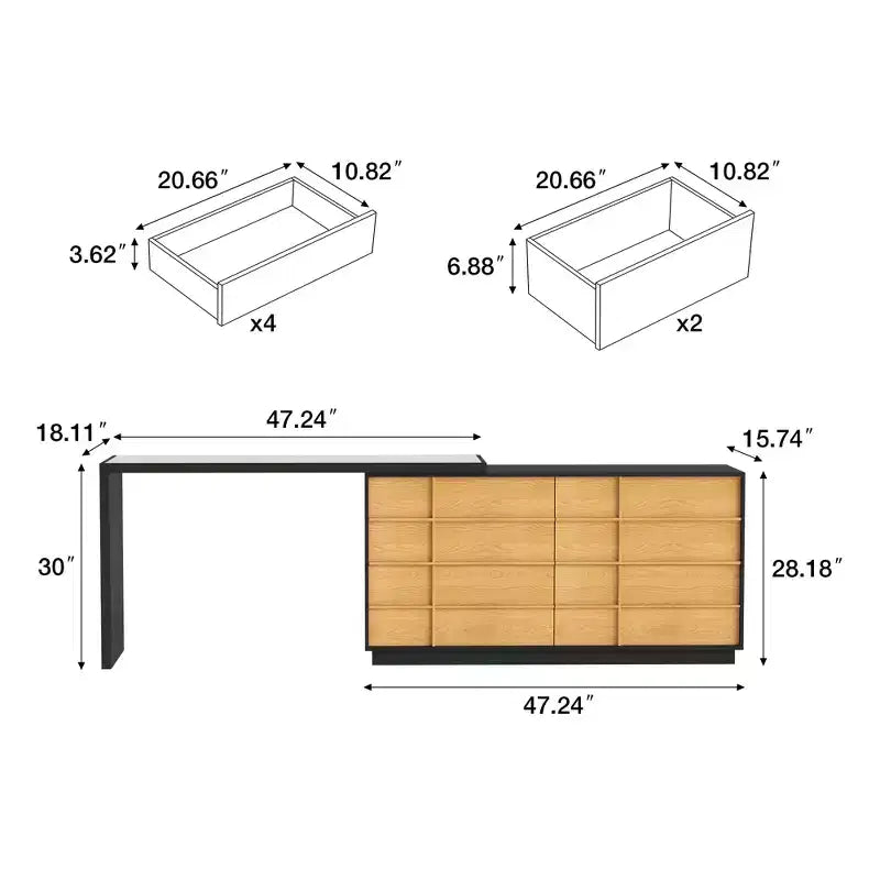 Luck Live Modern Extendable Rotating L-Shaped Vanity Table with 6 Drawers, Reversible Makeup Vanity for Bedroom