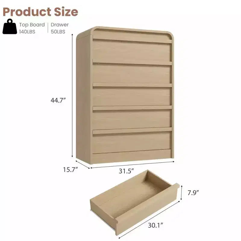 45 Arched White 5-Drawer Dresser, Curved Wood Chest for Bedroom, Living Room and Nursery