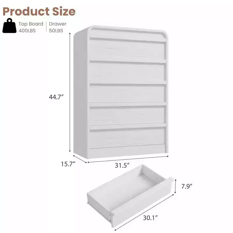 45 Arched White 5-Drawer Dresser, Curved Wood Chest for Bedroom, Living Room and Nursery