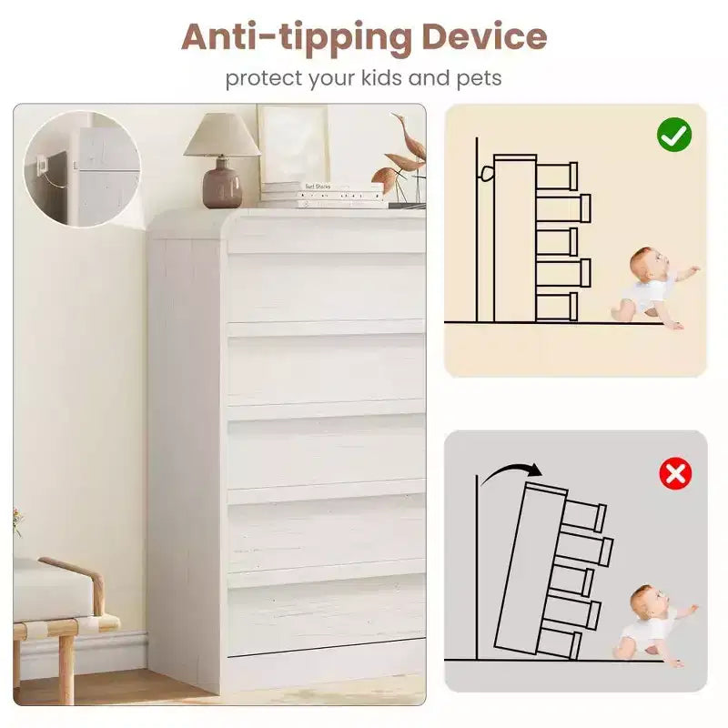 45 Arched White 5-Drawer Dresser, Curved Wood Chest for Bedroom, Living Room and Nursery