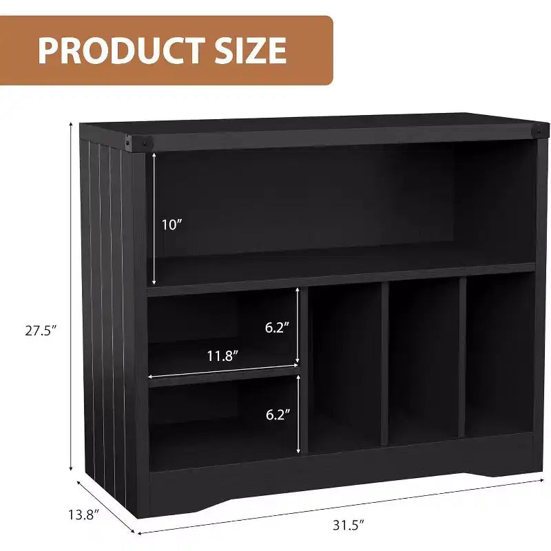 Modern Record Player Stand, Turntable Table with 6 Vinyl Storage Cubes, Wooden Media Organizer Shelf for Living Room