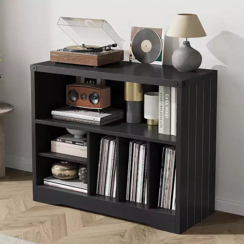 Modern Record Player Stand, Turntable Table with 6 Vinyl Storage Cubes, Wooden Media Organizer Shelf for Living Room