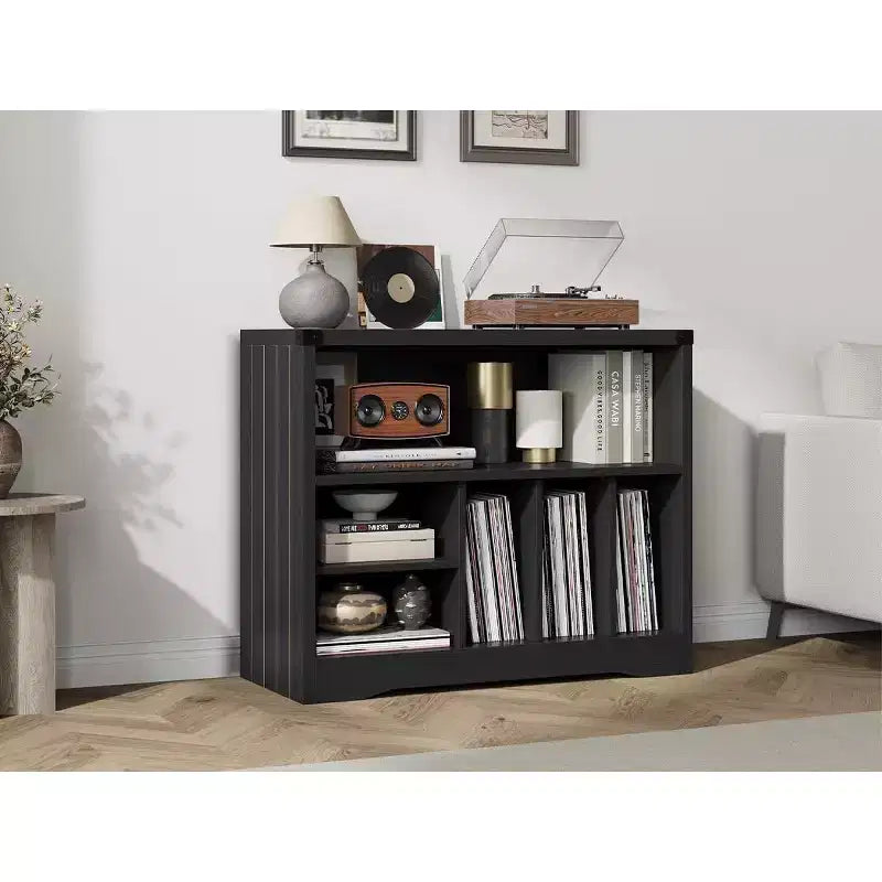 Modern Record Player Stand, Turntable Table with 6 Vinyl Storage Cubes, Wooden Media Organizer Shelf for Living Room
