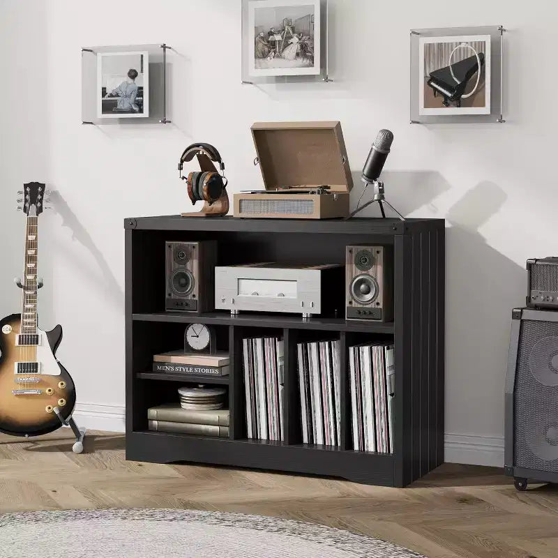 Modern Record Player Stand, Turntable Table with 6 Vinyl Storage Cubes, Wooden Media Organizer Shelf for Living Room