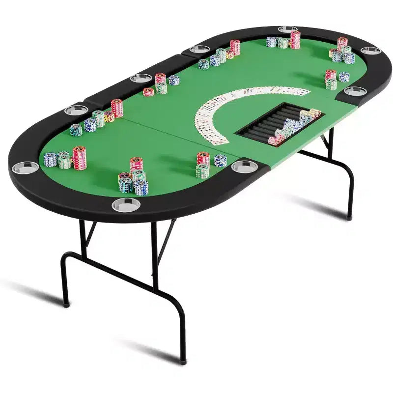 9 Player Foldable Poker Table, Card Board Game Table with Stainless Steel Cup Holders, Casino Grade Felt, Portable Oval Poker Tables