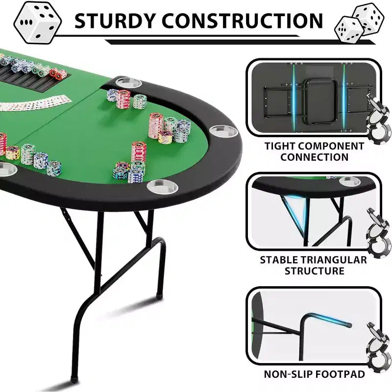 9 Player Foldable Poker Table, Card Board Game Table with Stainless Steel Cup Holders, Casino Grade Felt, Portable Oval Poker Tables