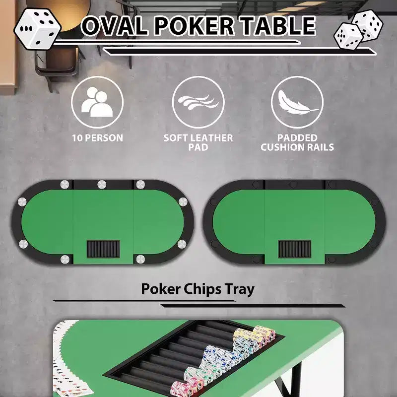 9 Player Foldable Poker Table, Card Board Game Table with Stainless Steel Cup Holders, Casino Grade Felt, Portable Oval Poker Tables