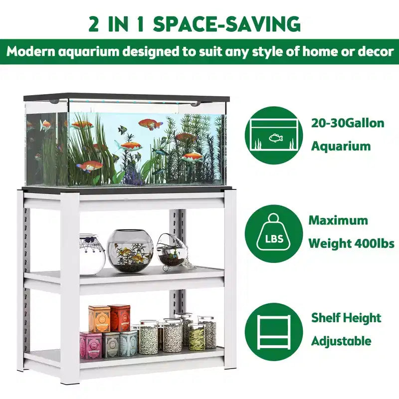 VIYET 31 3-Tier Adjustable Fish Tank Stand - 400lbs Heavy-Duty Metal Aquarium Stand for 20-30 Gallon, Antique White with Floor Pads