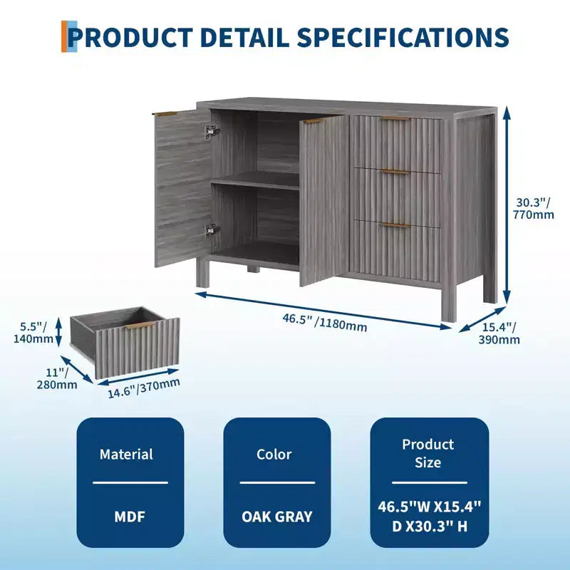 46.5 Modern Fluted Kitchen Sideboard Cabinet with 2 Doors & Drawers C Grey Buffet Storage Cabinet for Dining Room, Living Room & Kitchen