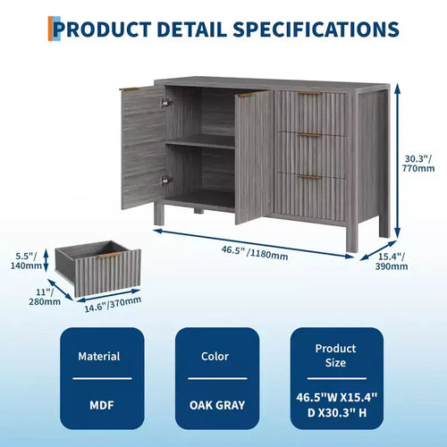46,5 Meuble de Rangement Buffet de Cuisine Moderne Cannelé avec 2 Portes et Tiroirs, Buffet de Rangement Gris pour Salle à Manger, Salon et Cuisine