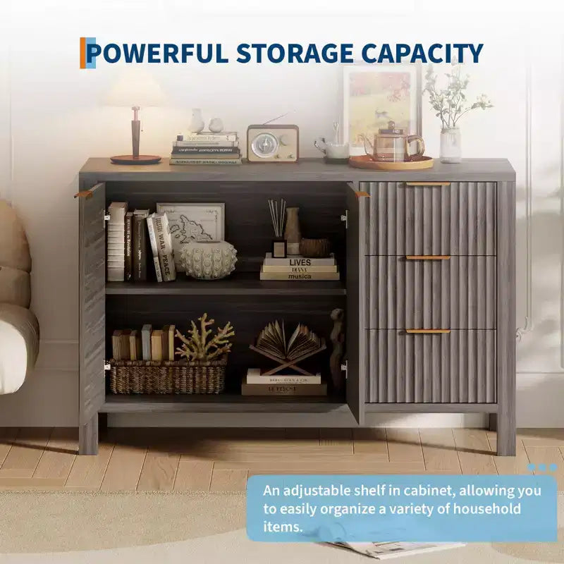 46.5 Modern Fluted Kitchen Sideboard Cabinet with 2 Doors & Drawers C Grey Buffet Storage Cabinet for Dining Room, Living Room & Kitchen