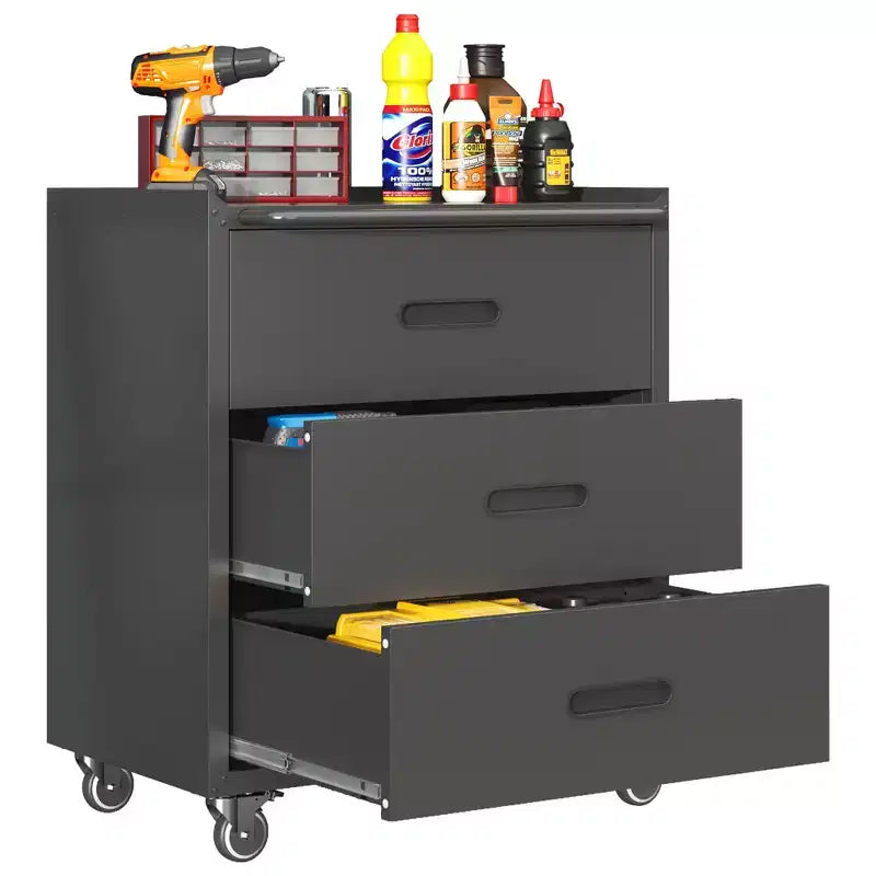 VIYET 35H 3-Drawer Heavy-Duty Steel Storage Cabinet with Lockable Wheels, 200LBS Capacity for Garage/Office/Home Organizer (Black)